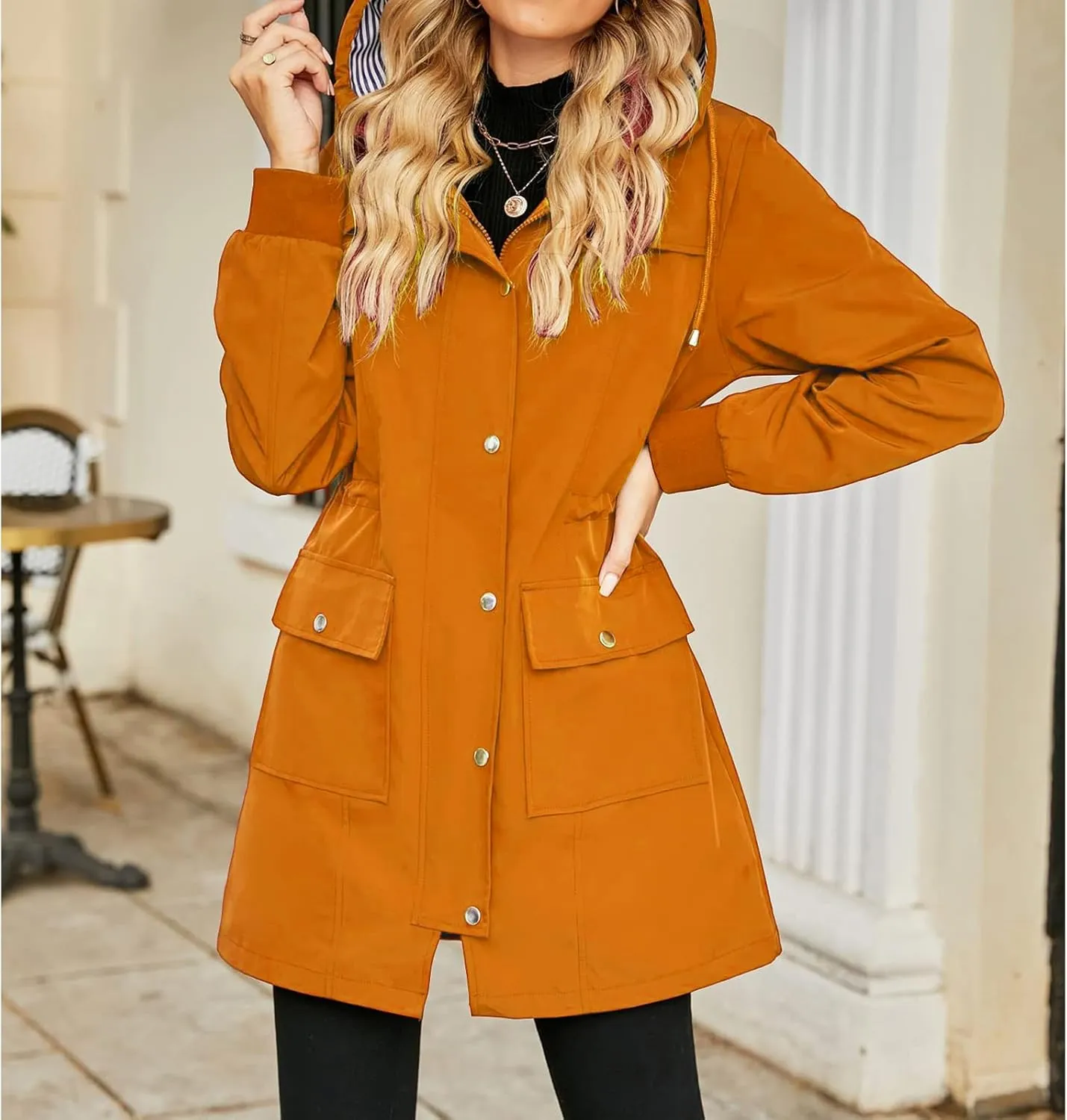 Rain Jacket Women Waterproof Lightweight Windbreaker Long Hooded Coats Outdoor Travel Jacket Waist Drawstring Coat