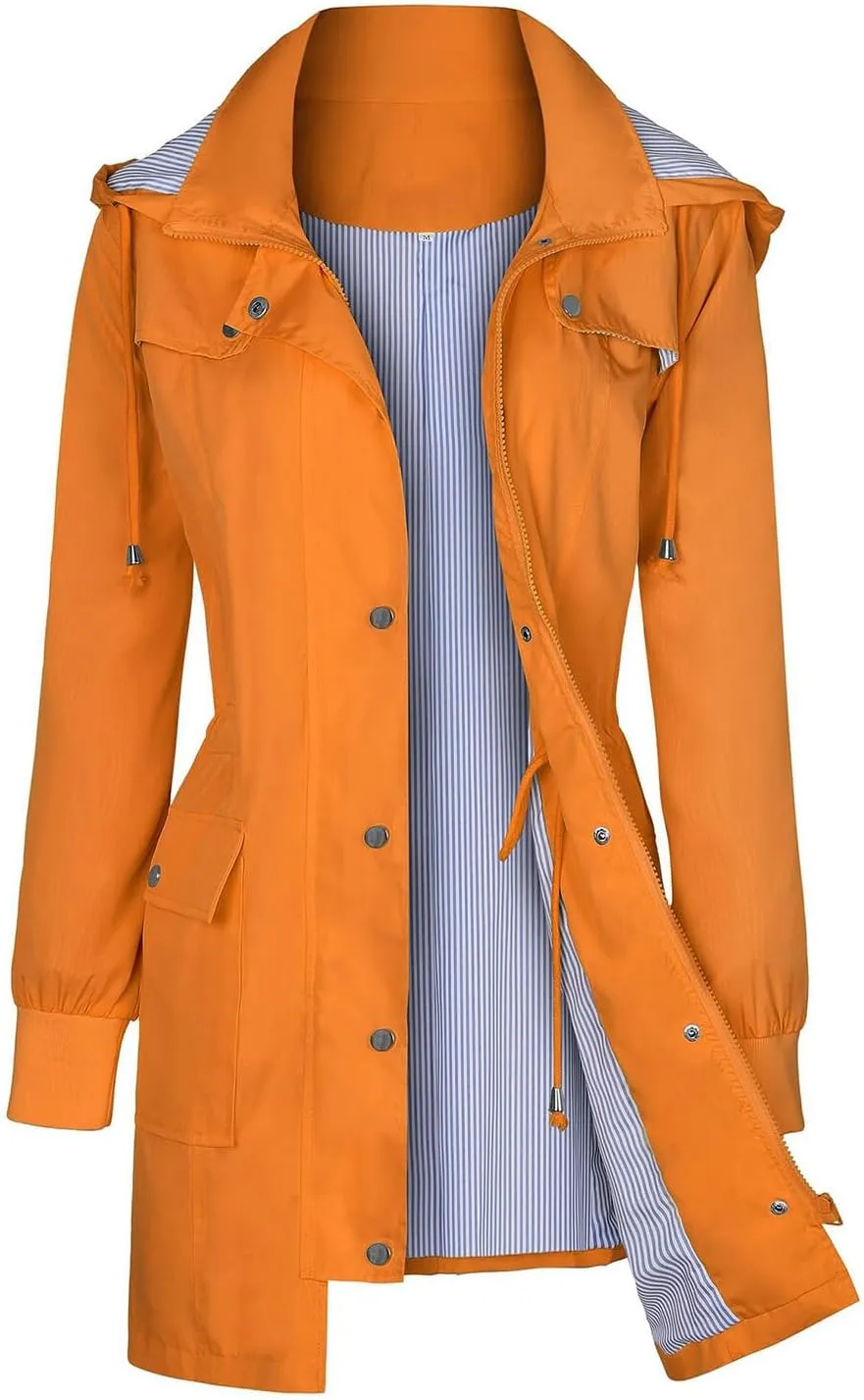 Rain Jacket Women Waterproof Lightweight Windbreaker Long Hooded Coats Outdoor Travel Jacket Waist Drawstring Coat