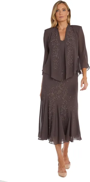 R&M Richards Womens Chiffon Beaded Dress with Jacket