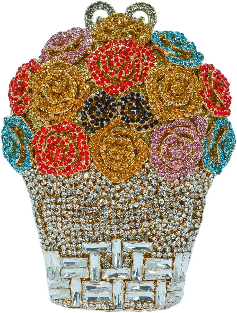 Rose Bouquet Shaped Crystal Clutch Flower Evening Bag Women Formal Bridal Party Floral Rhinestone Handbag Purse