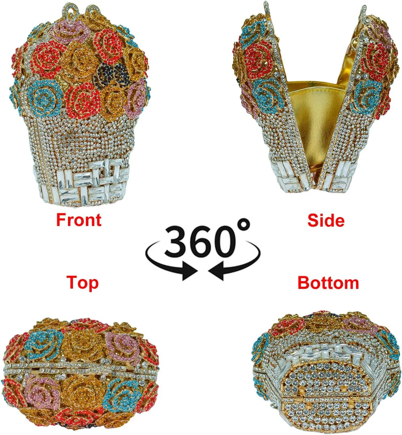 Rose Bouquet Shaped Crystal Clutch Flower Evening Bag Women Formal Bridal Party Floral Rhinestone Handbag Purse