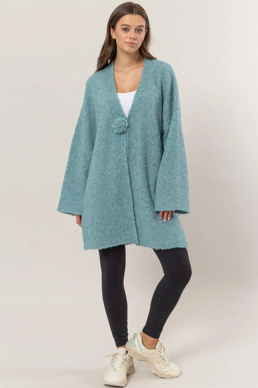 Rosette Longline Slit Sweater Cardigan