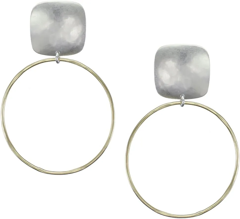 Rounded Square with Large Ring Clip on Earring in Brass and Silver