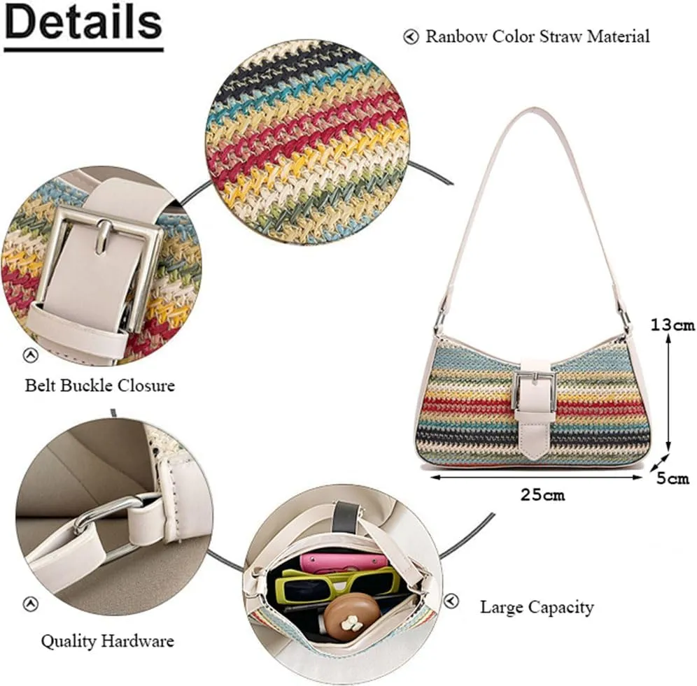 RTGGSEL Boho Summer Retro Women's Straw Rattan Beach Tote Bag Crossbody Shoulder Bags Hobo Underarm Handbag Straw Purse