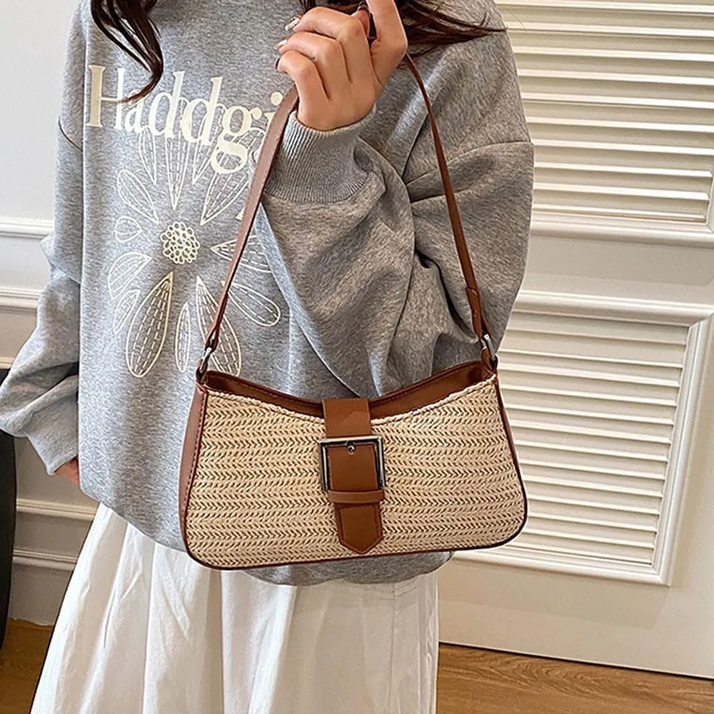 RTGGSEL Boho Summer Retro Women's Straw Rattan Beach Tote Bag Crossbody Shoulder Bags Hobo Underarm Handbag Straw Purse