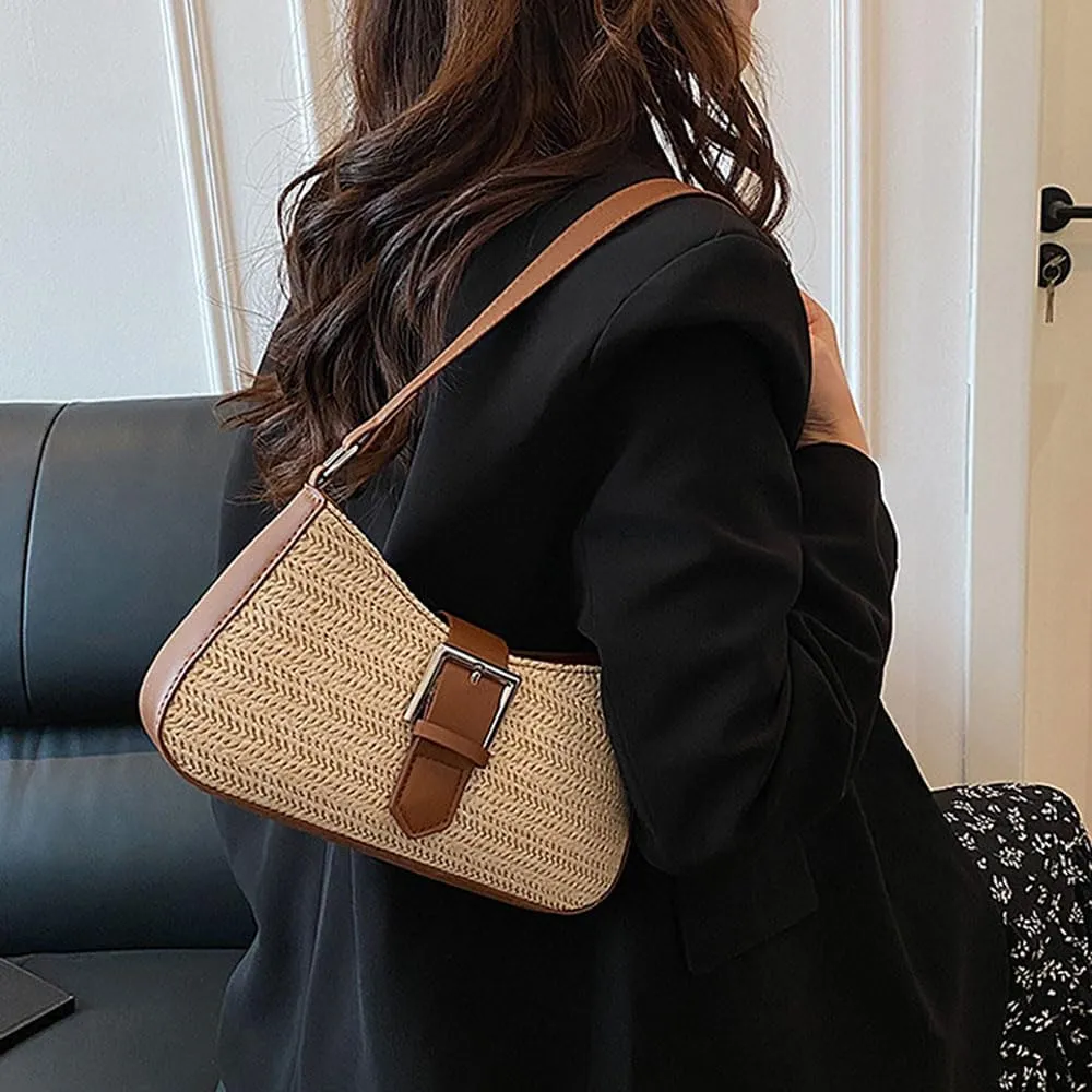 RTGGSEL Boho Summer Retro Women's Straw Rattan Beach Tote Bag Crossbody Shoulder Bags Hobo Underarm Handbag Straw Purse