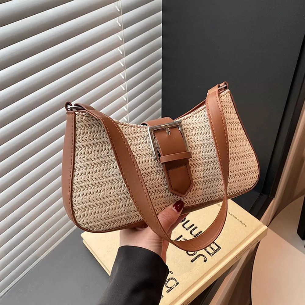 RTGGSEL Boho Summer Retro Women's Straw Rattan Beach Tote Bag Crossbody Shoulder Bags Hobo Underarm Handbag Straw Purse