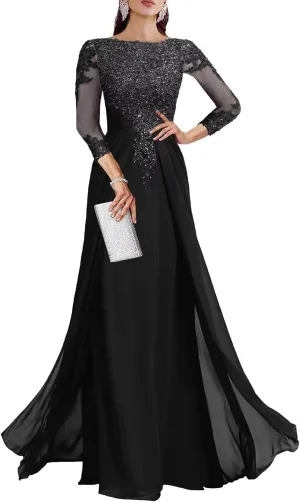 Sequin Lace Mother of The Bride Dresses for Wedding - 3/4 Sleeve Chiffon Long Prom Dress Formal Evening Gown