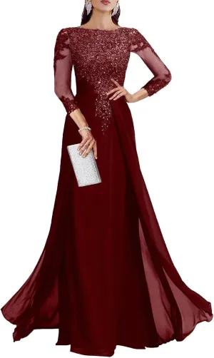 Sequin Lace Mother of The Bride Dresses for Wedding - 3/4 Sleeve Chiffon Long Prom Dress Formal Evening Gown