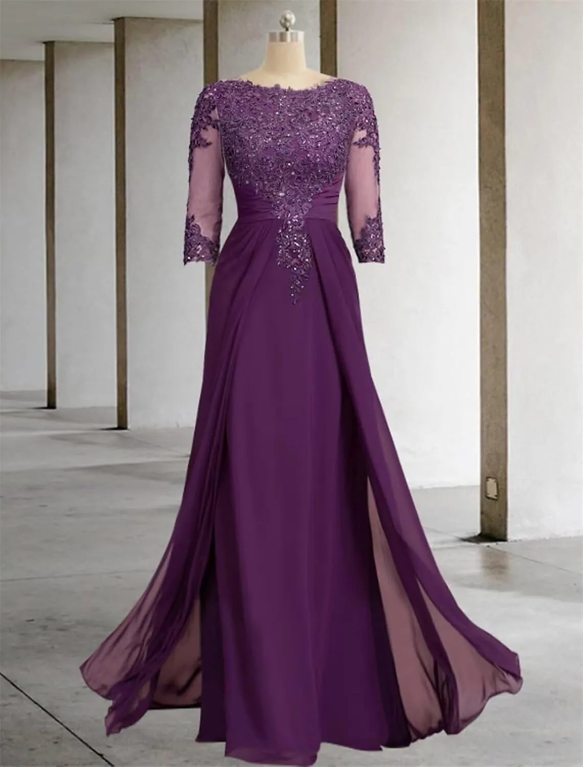 Sequin Lace Mother of The Bride Dresses for Wedding - 3/4 Sleeve Chiffon Long Prom Dress Formal Evening Gown
