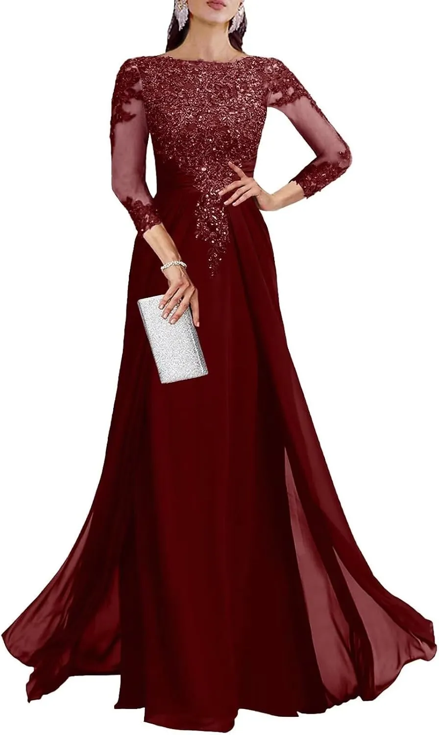 Sequin Lace Mother of The Bride Dresses for Wedding - 3/4 Sleeve Chiffon Long Prom Dress Formal Evening Gown