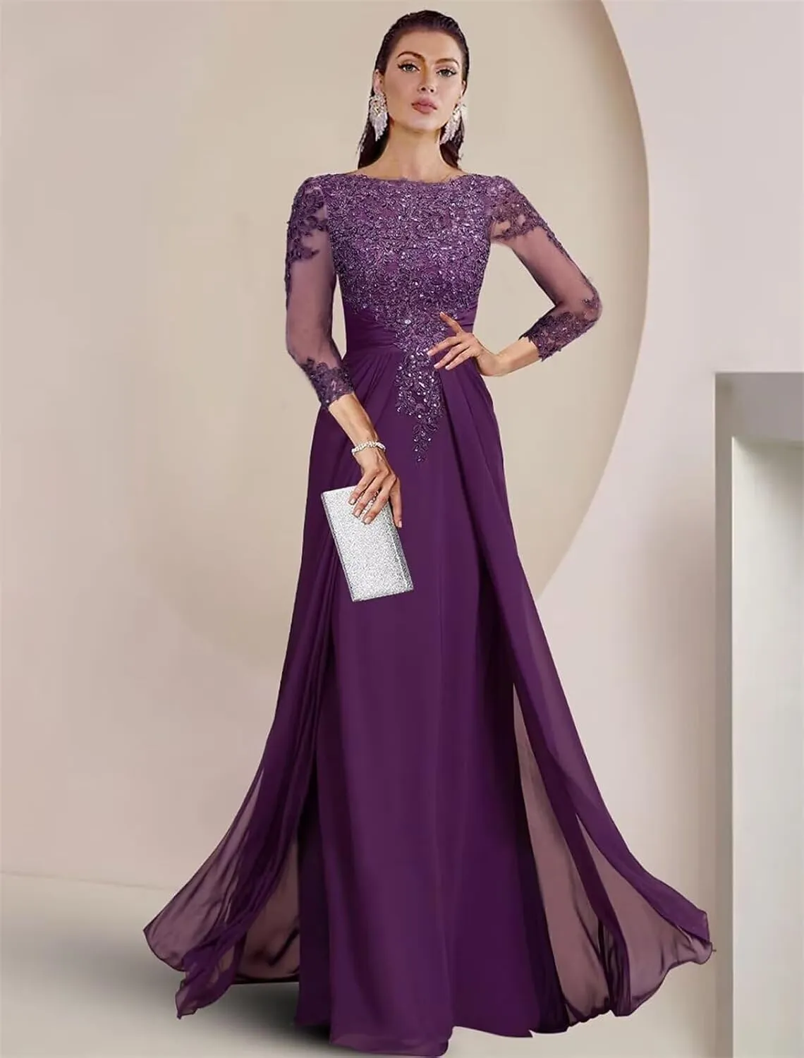 Sequin Lace Mother of The Bride Dresses for Wedding - 3/4 Sleeve Chiffon Long Prom Dress Formal Evening Gown