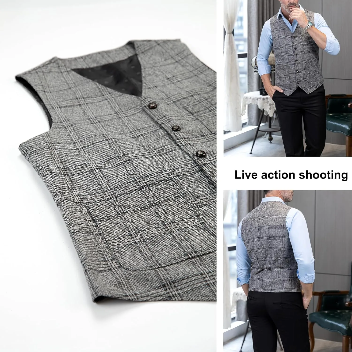 SevenBoy Mens Vintage Suit Vest Plaid Tweed Regular Fit Waistcoat Polka Dot