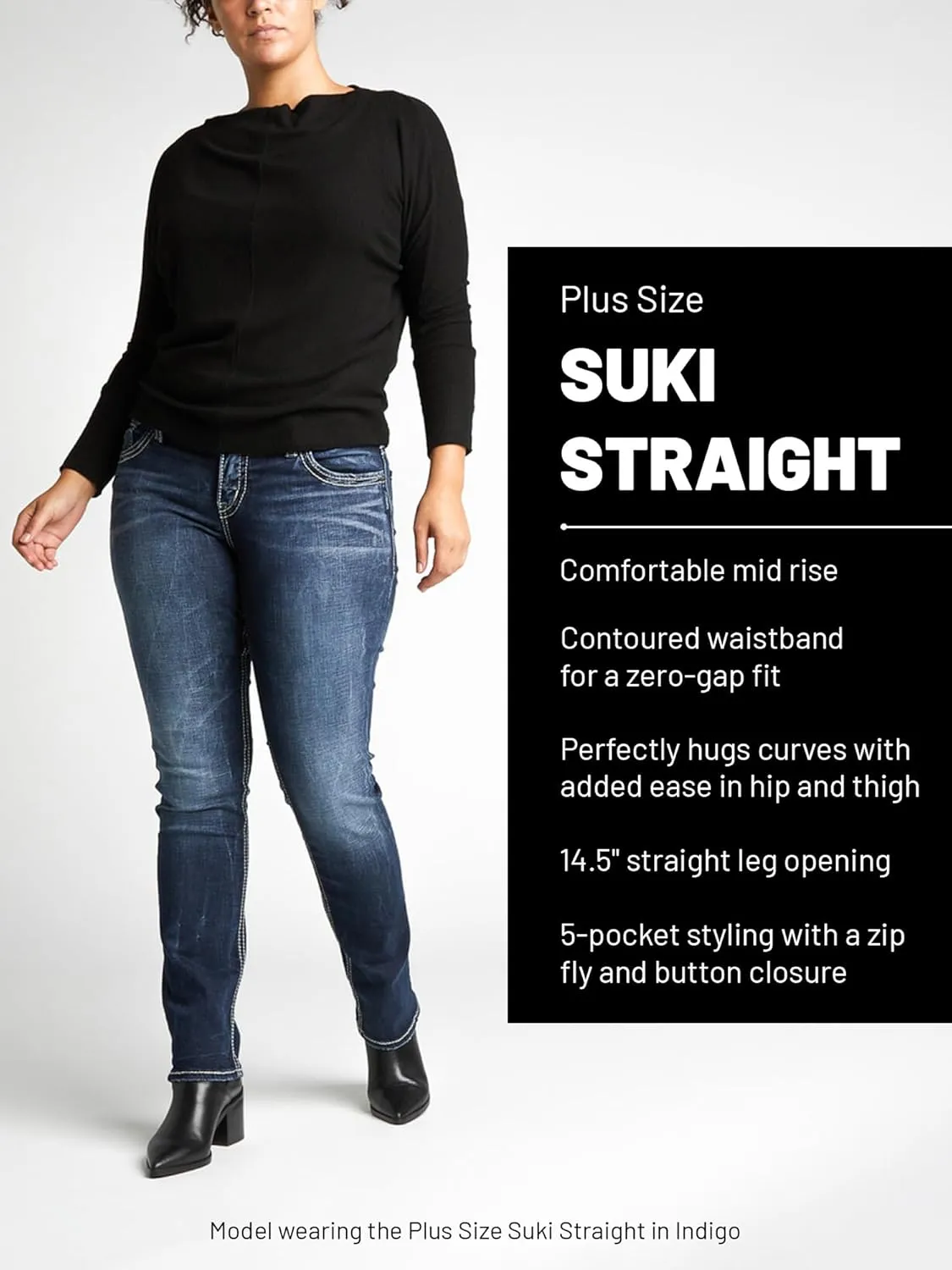 Silver Jeans Co. Women's Plus Size Suki Mid Rise Curvy Fit Straight Leg Jeans