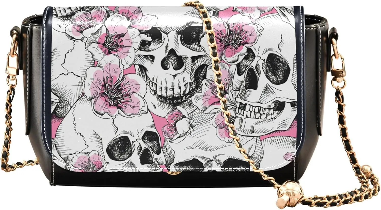 Skull Flowers Pink Women Crossbody Purse Soft PU Leather Shoulder Bag Wallet Satchel with Chain Strap