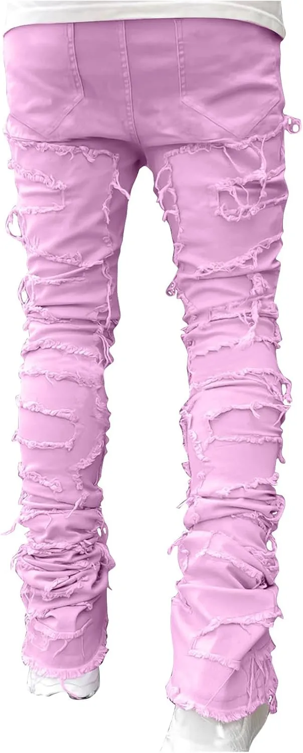 Stacked Jeans Men Skinny Ripped Jeans Slim Fit Denim Pants Y2K Goth Harajuku Emo Jeans Trouser Elastic Waist Casual