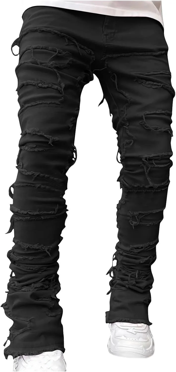 Stacked Jeans Men Skinny Ripped Jeans Slim Fit Denim Pants Y2K Goth Harajuku Emo Jeans Trouser Elastic Waist Casual