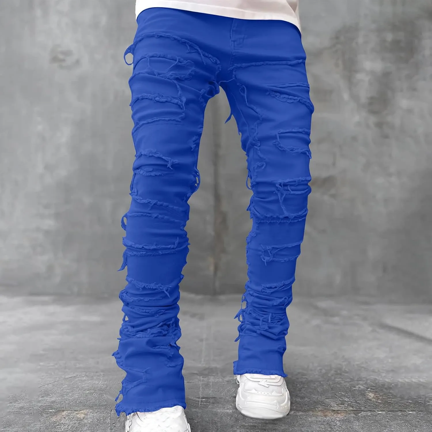 Stacked Jeans Men Skinny Ripped Jeans Slim Fit Denim Pants Y2K Goth Harajuku Emo Jeans Trouser Elastic Waist Casual