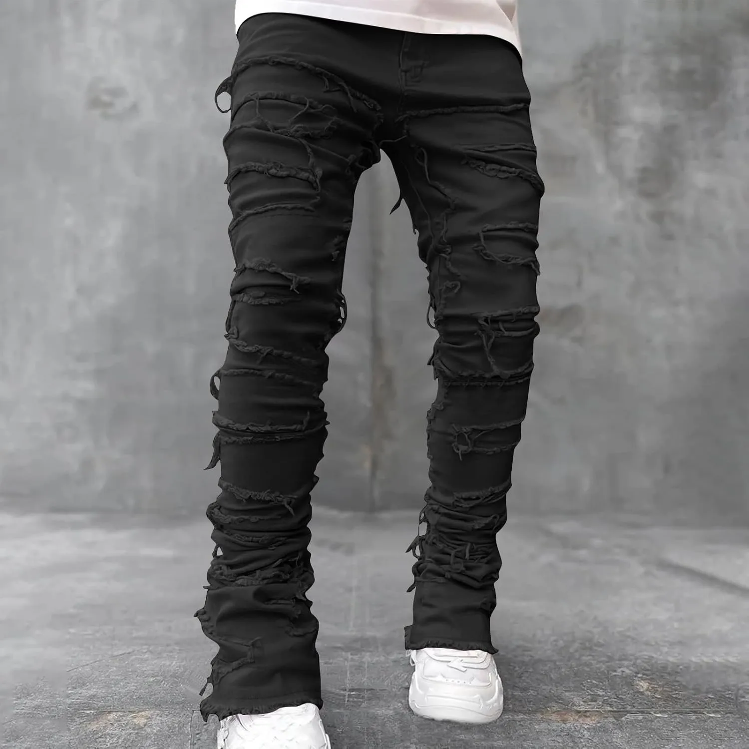 Stacked Jeans Men Skinny Ripped Jeans Slim Fit Denim Pants Y2K Goth Harajuku Emo Jeans Trouser Elastic Waist Casual