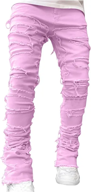 Stacked Jeans Men Skinny Ripped Jeans Slim Fit Denim Pants Y2K Goth Harajuku Emo Jeans Trouser Elastic Waist Casual