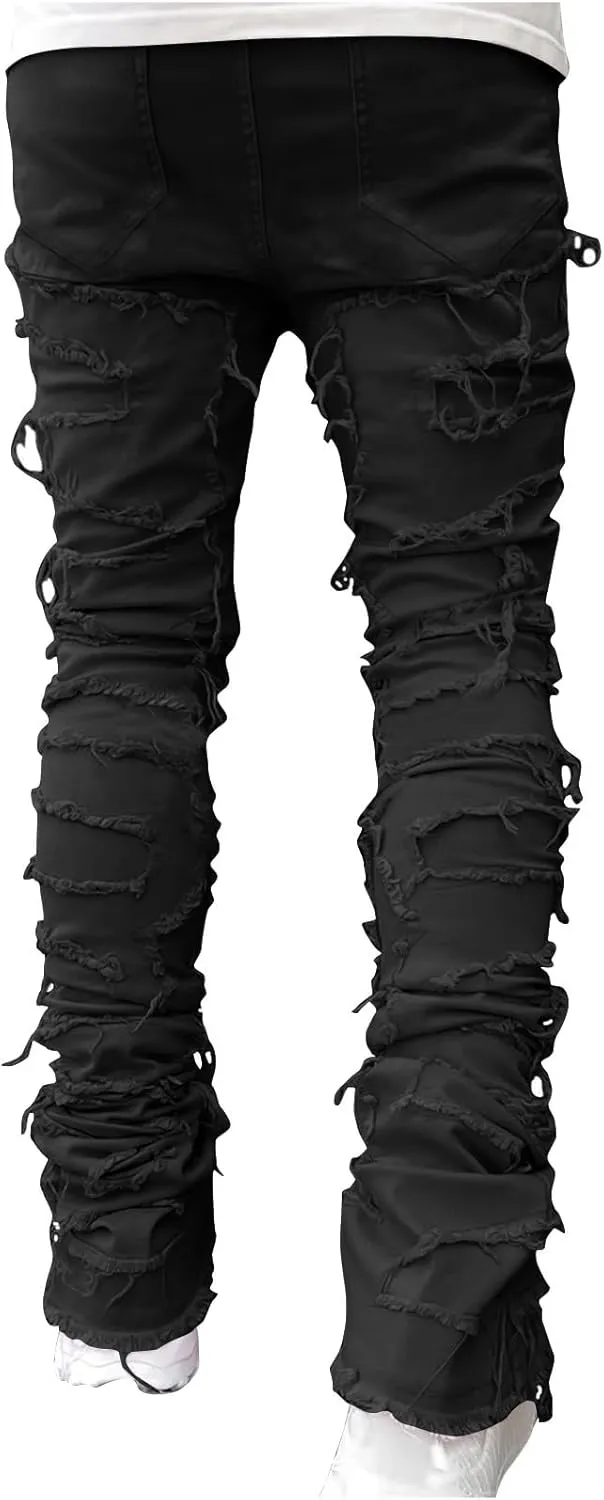 Stacked Jeans Men Skinny Ripped Jeans Slim Fit Denim Pants Y2K Goth Harajuku Emo Jeans Trouser Elastic Waist Casual