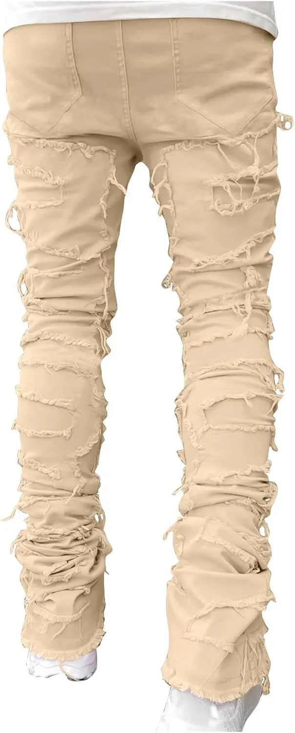 Stacked Jeans Men Skinny Ripped Jeans Slim Fit Denim Pants Y2K Goth Harajuku Emo Jeans Trouser Elastic Waist Casual
