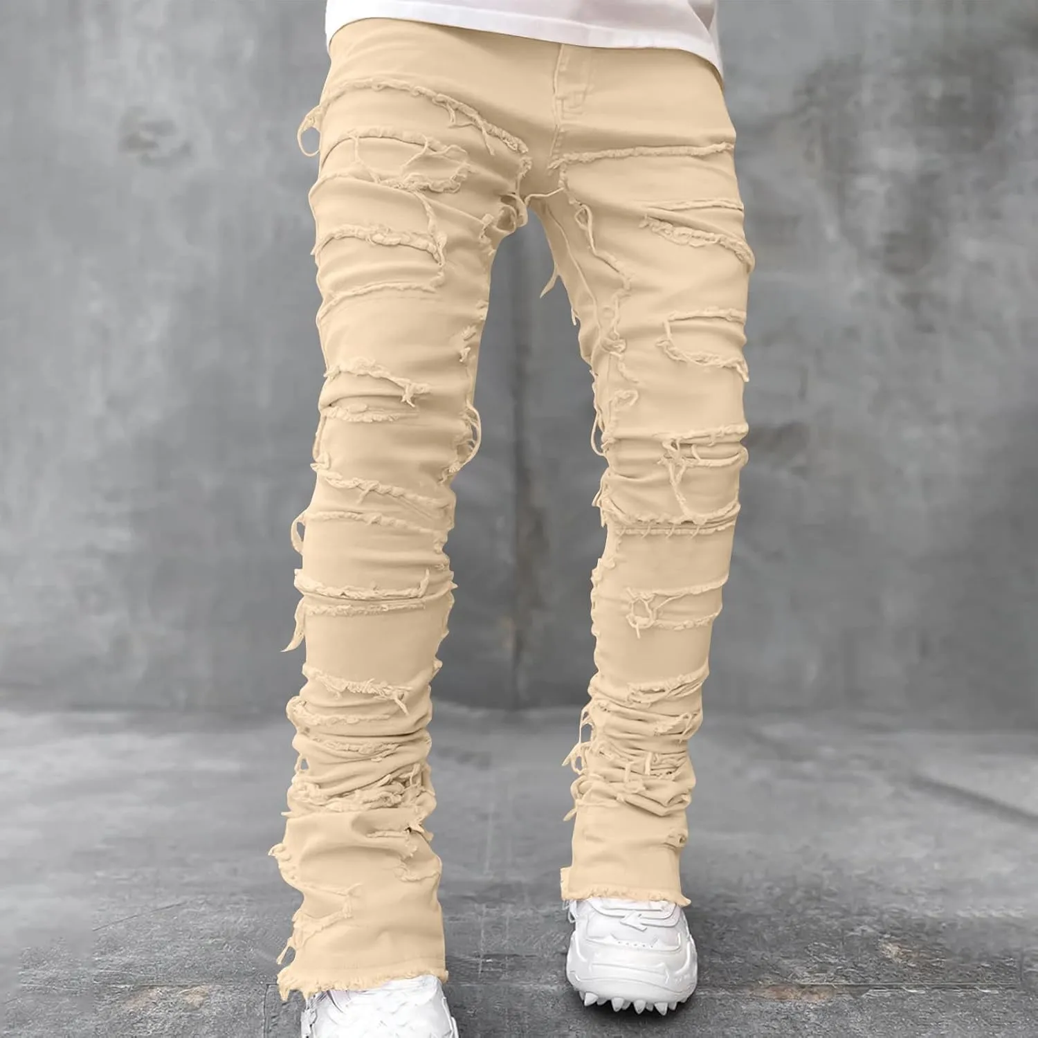 Stacked Jeans Men Skinny Ripped Jeans Slim Fit Denim Pants Y2K Goth Harajuku Emo Jeans Trouser Elastic Waist Casual