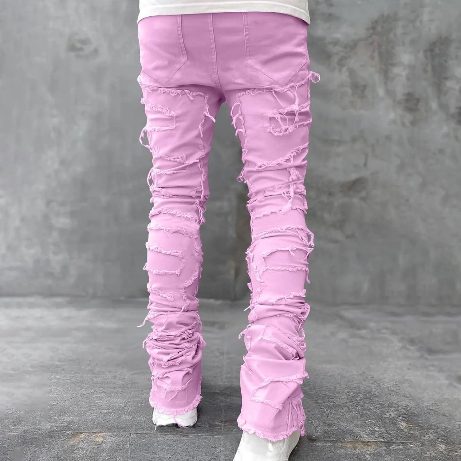 Stacked Jeans Men Skinny Ripped Jeans Slim Fit Denim Pants Y2K Goth Harajuku Emo Jeans Trouser Elastic Waist Casual