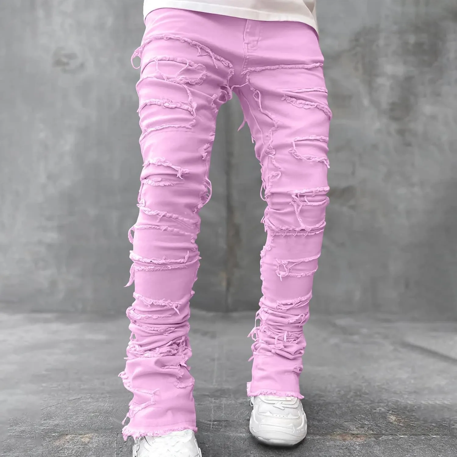 Stacked Jeans Men Skinny Ripped Jeans Slim Fit Denim Pants Y2K Goth Harajuku Emo Jeans Trouser Elastic Waist Casual