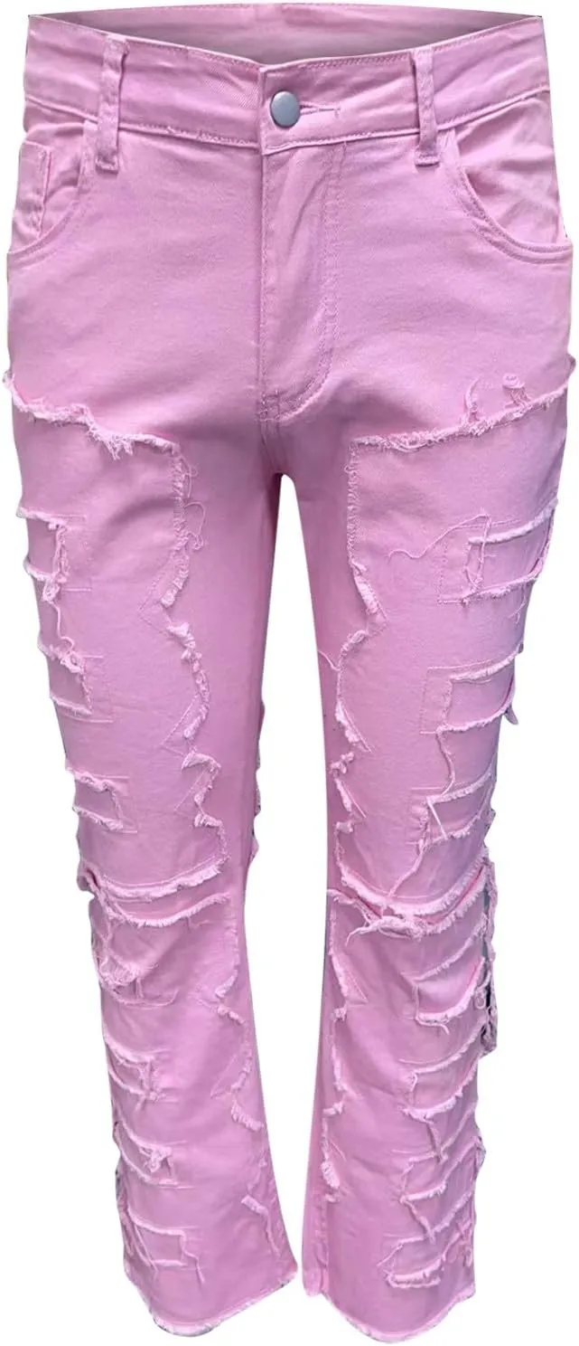 Stacked Jeans Men Skinny Ripped Jeans Slim Fit Denim Pants Y2K Goth Harajuku Emo Jeans Trouser Elastic Waist Casual