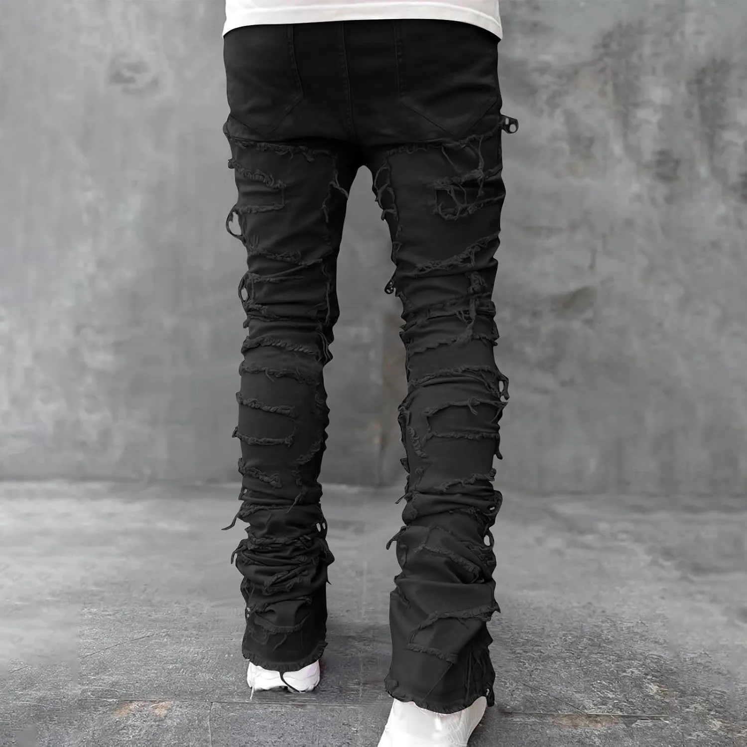 Stacked Jeans Men Skinny Ripped Jeans Slim Fit Denim Pants Y2K Goth Harajuku Emo Jeans Trouser Elastic Waist Casual