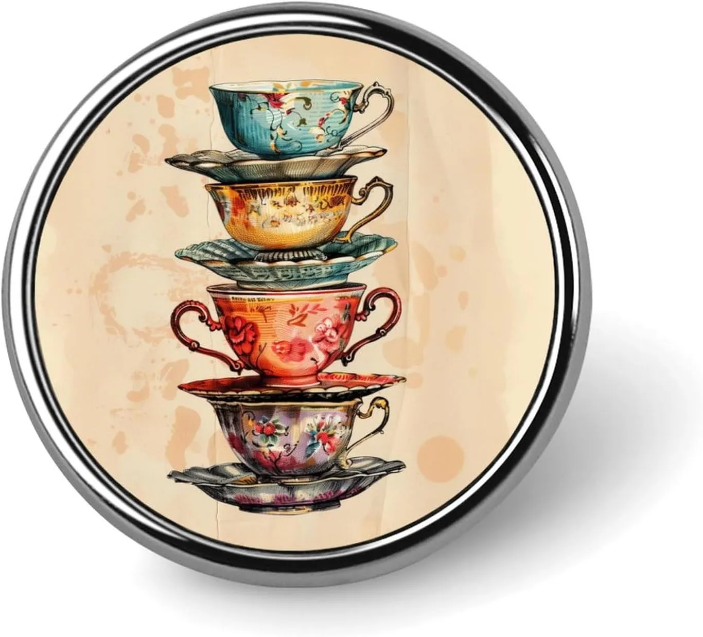 Stacked Tea Cups Print Round Brooch Pin Badge Lapel Tie Pin for Women Men Office Worker Teacher Decor