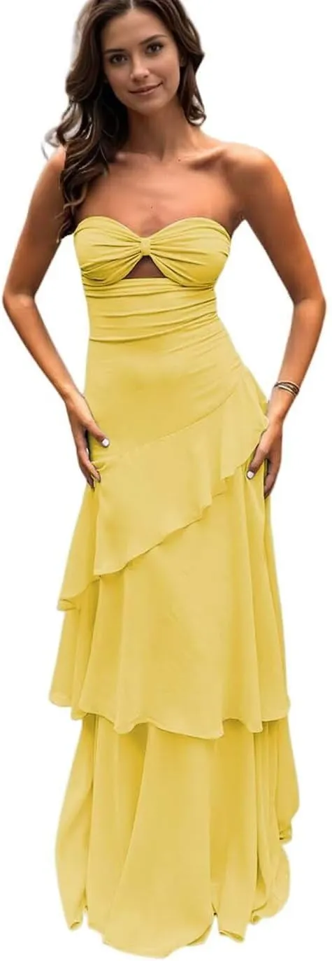 Strapless Bridesmaid Dresses for Women 2025 Tiered Ruffles Chiffon Prom Dresses Sweetheart A-Line Evening Gowns