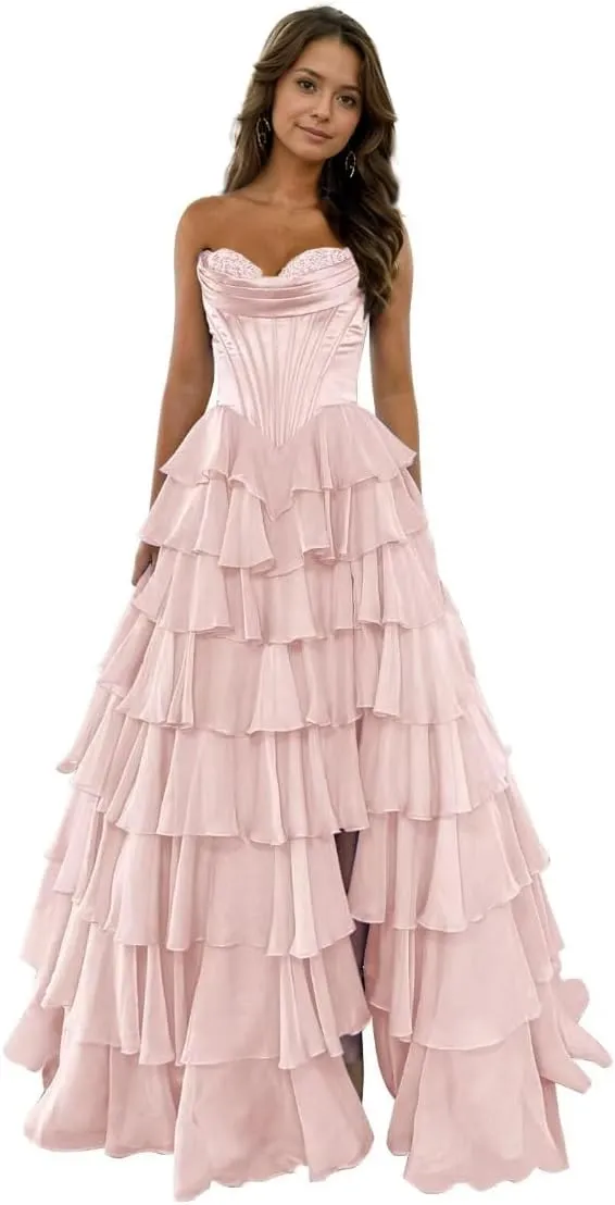 Strapless Corset Prom Dress Chiffon Tiered Ball Gown with Slit Ruffles Long 8th Graduation Gown ZD214