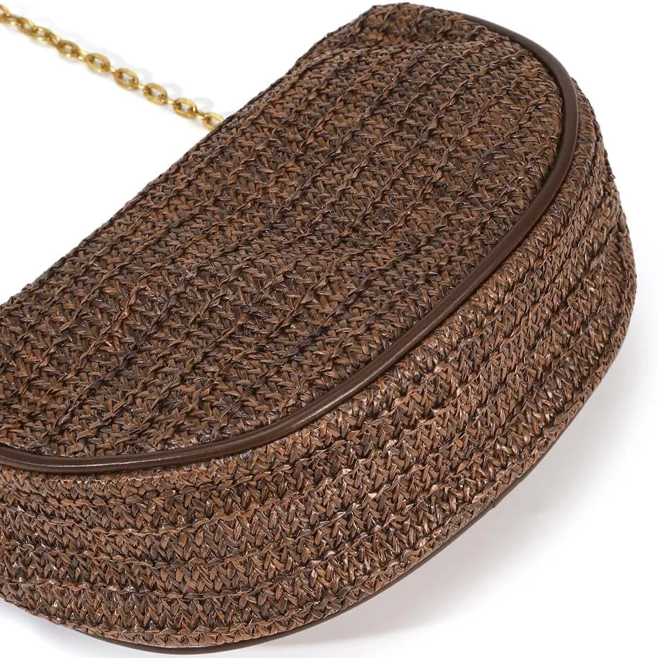Straw Clutch Bag for Women Mini Summer Satchel Purse Fashion Woven Crossbody Shoulder Handbags with Chain Strap