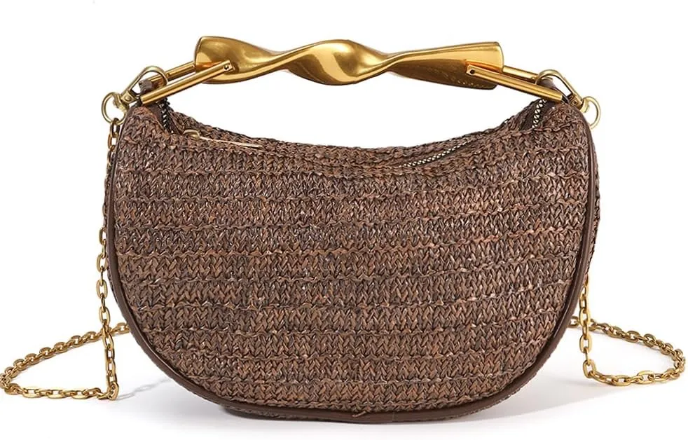 Straw Clutch Bag for Women Mini Summer Satchel Purse Fashion Woven Crossbody Shoulder Handbags with Chain Strap