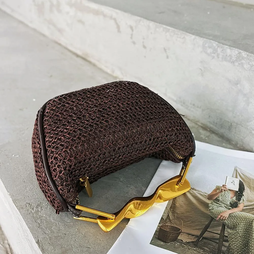 Straw Clutch Bag for Women Mini Summer Satchel Purse Fashion Woven Crossbody Shoulder Handbags with Chain Strap