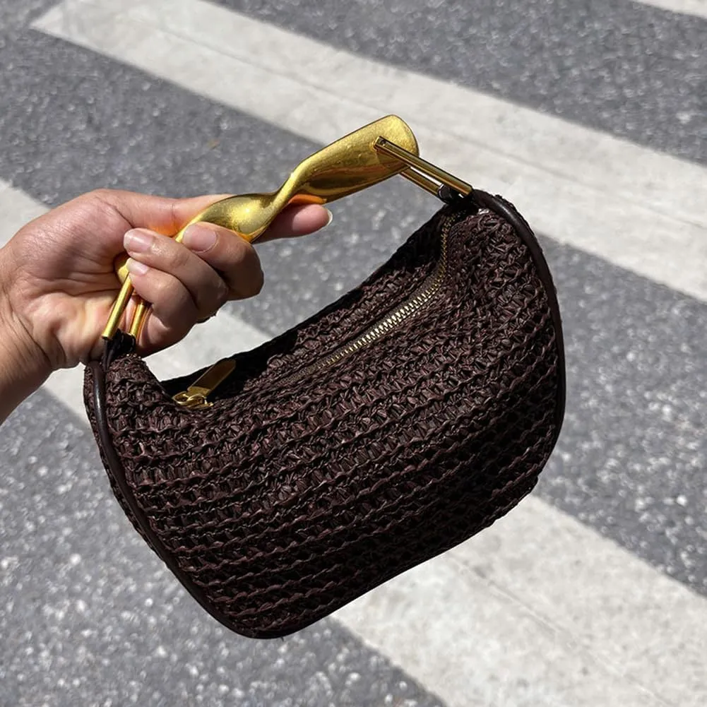 Straw Clutch Bag for Women Mini Summer Satchel Purse Fashion Woven Crossbody Shoulder Handbags with Chain Strap