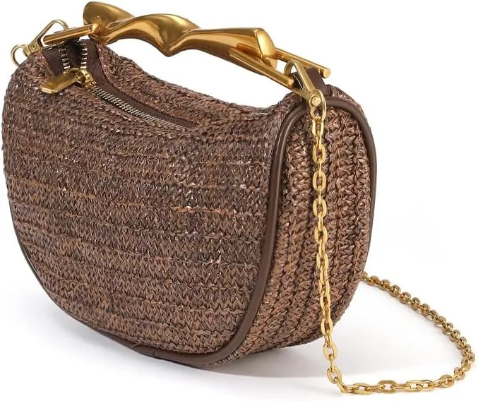 Straw Clutch Bag for Women Mini Summer Satchel Purse Fashion Woven Crossbody Shoulder Handbags with Chain Strap