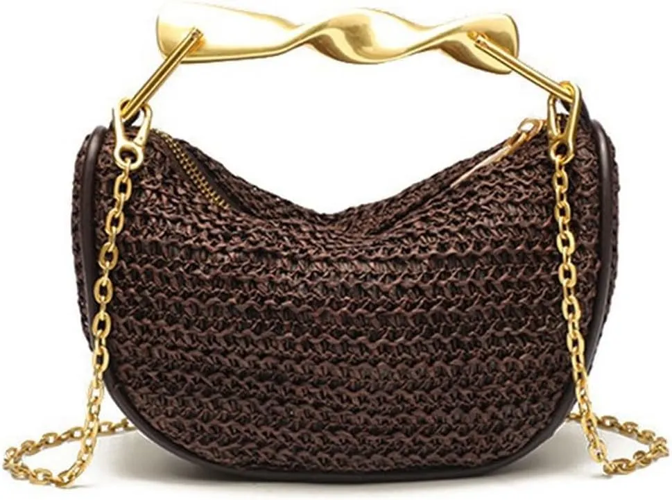 Straw Clutch Bag for Women Mini Summer Satchel Purse Fashion Woven Crossbody Shoulder Handbags with Chain Strap