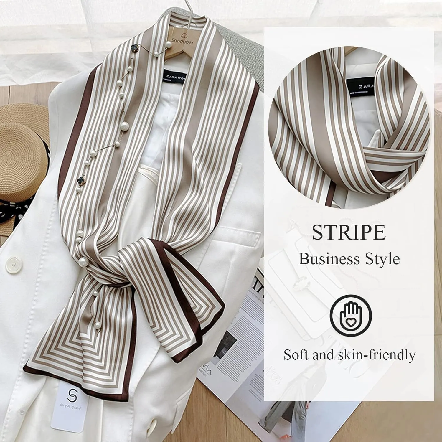 Striped Skinny Scarf Women Silky Satin Scarves French Style Narrow Long Neckerchief Headdress Hairband Handle Ribbon