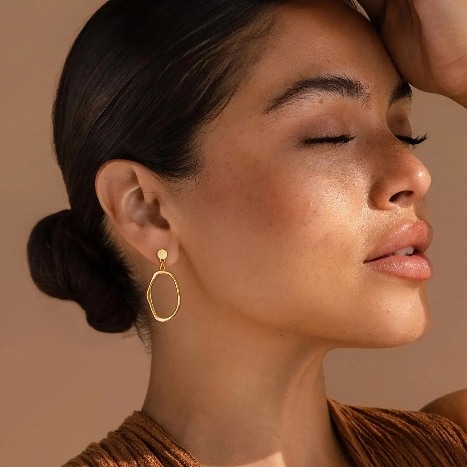 Stud Earrings for Women 14k Gold Plated Geometric Dangle Earrings Lightweight Minimalist Handmade Hammered Texture Oval Disc Drop Double-layer Big Hoop Dangle Earrings for Women