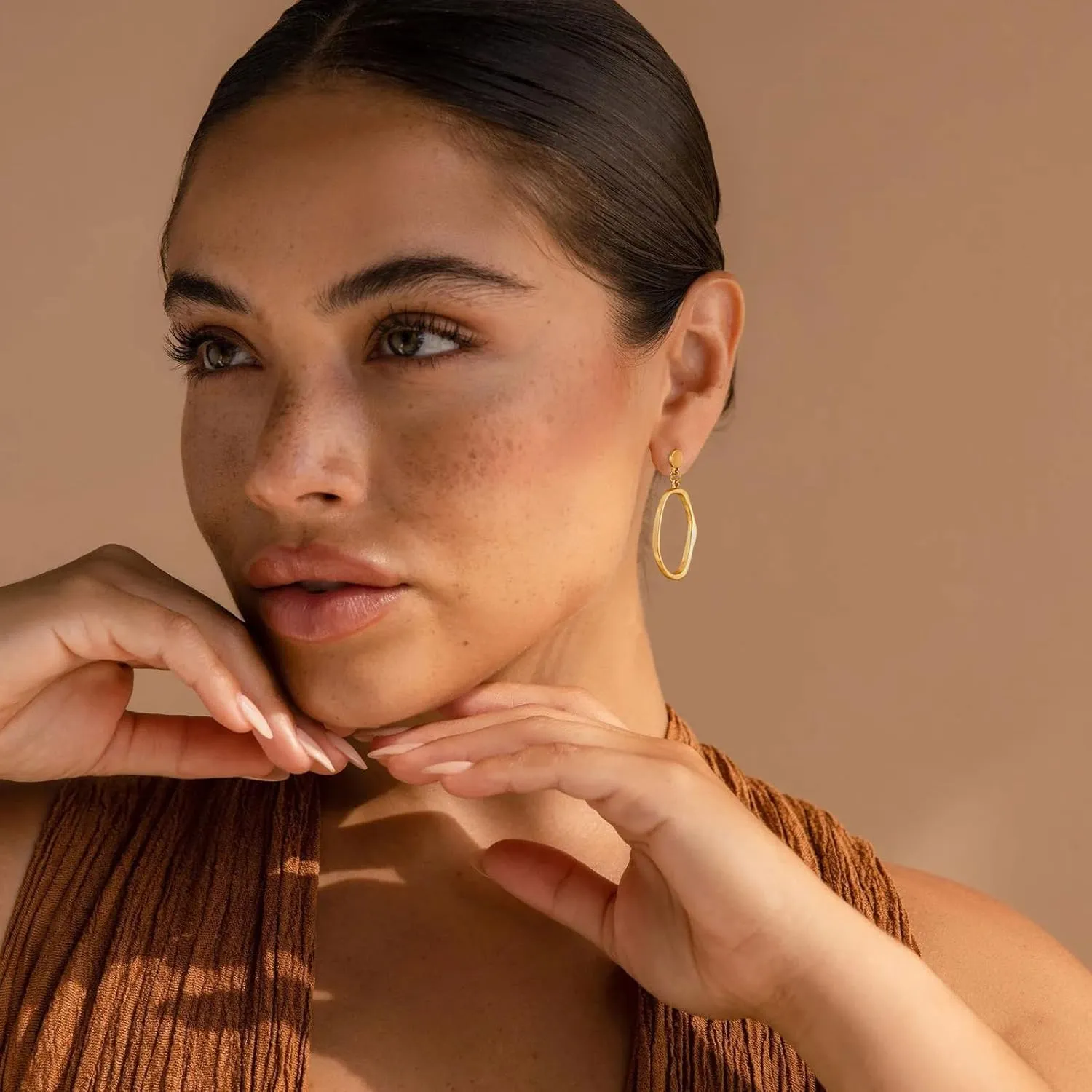 Stud Earrings for Women 14k Gold Plated Geometric Dangle Earrings Lightweight Minimalist Handmade Hammered Texture Oval Disc Drop Double-layer Big Hoop Dangle Earrings for Women