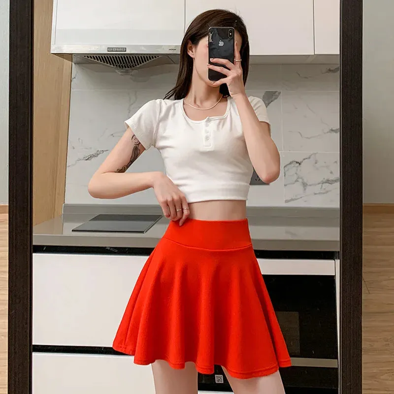 Summer Basic Skirts Women Shorts Mini Elastic Pleated Skirts High Waist Bubble Sun Skirts School Girl Uniform Lined Safety Pants