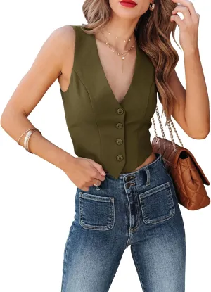 Sunborui Women's Business Button Up Sleeveless Vests Fully Lined V Neck Regular Fitted Jacket Waistcoat