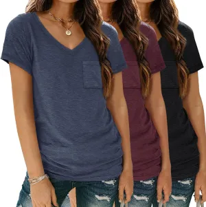 SUNBS 3 Pack Womens V Neck T Shirts Short Sleeve Tees Lightweight Summer Tops with Pocket