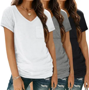 SUNBS 3 Pack Womens V Neck T Shirts Short Sleeve Tees Lightweight Summer Tops with Pocket