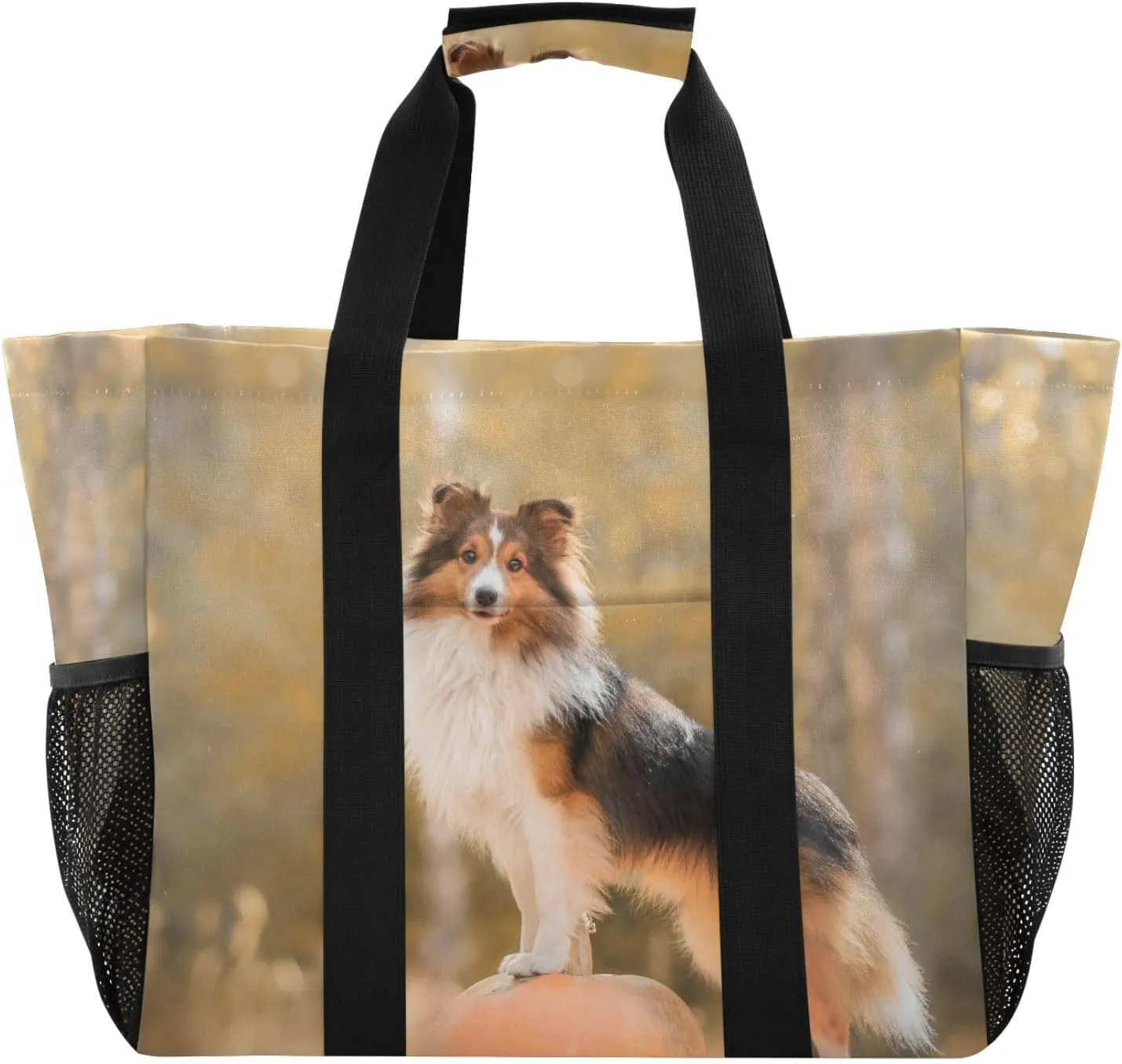 susiyo Autumn Dog and Pumpkin Reusable Grocery Tote Bag Collapsible Canvas Beach Bag Large Travel Bags for Hiking Trip Pool