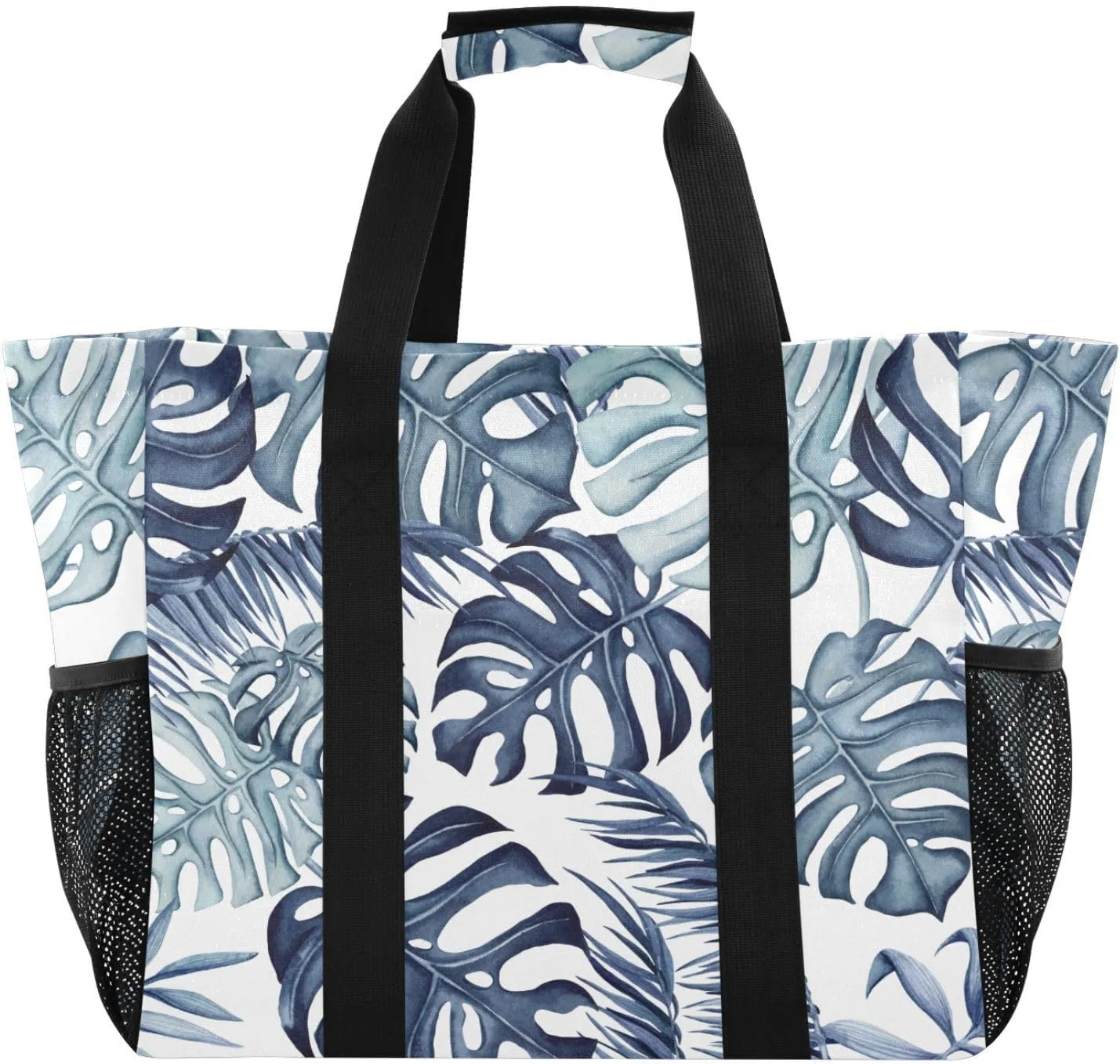 susiyo Blue Monstera and Palm Leaves Reusable Grocery Tote Bag Collapsible Canvas Beach Bag Large Travel Bags for Hiking Trip Pool