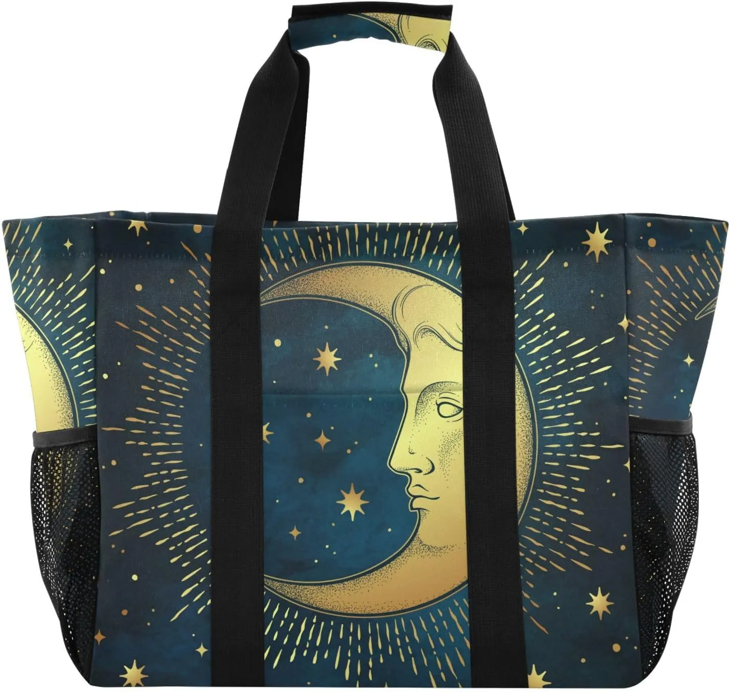 susiyo Boho Sun and Crescent Moon Reusable Grocery Tote Bag Collapsible Canvas Beach Bag Large Travel Bags for Hiking Trip Pool